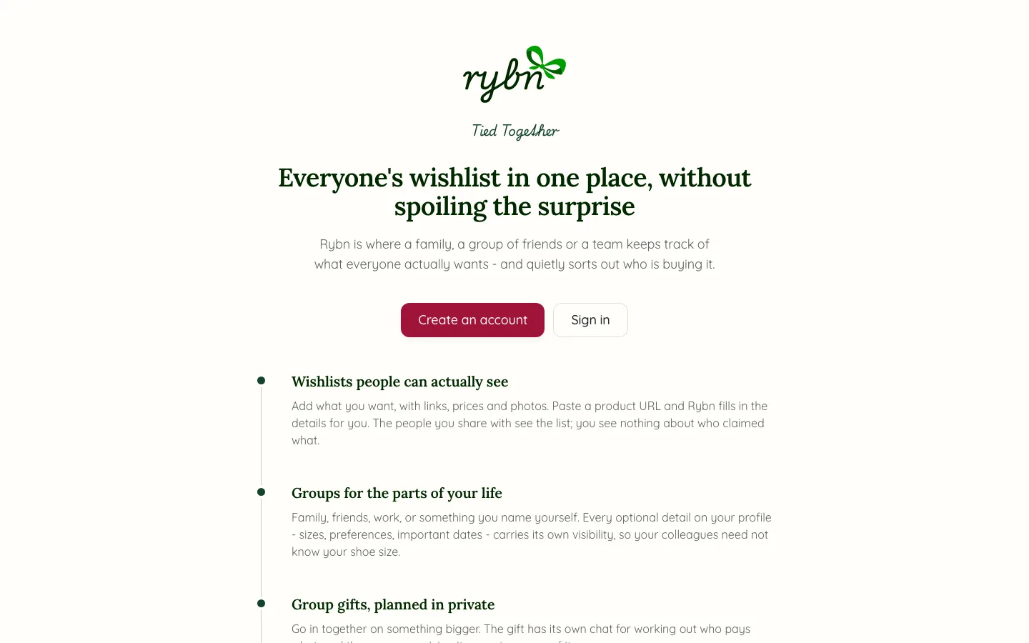The Rybn home page: “Everyone's wishlist in one place, without spoiling the surprise.”